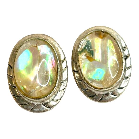 Vintage Oval Abalone Silver Tone Boho Southwest Pierced Earrings Signed Best - Picture 1 of 6